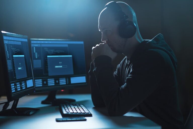A hacker with a progress bar on computer in dark room