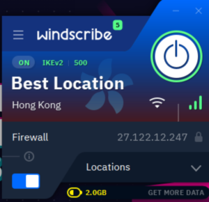 An interface of Windscribe connected to Hong Kong.