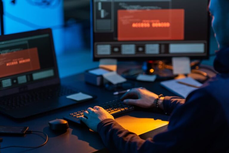 A hacker using a computer virus for cyber attack