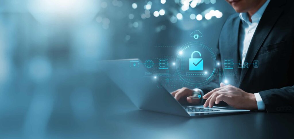 Person secures data with encryption and network security protecting transactions.
