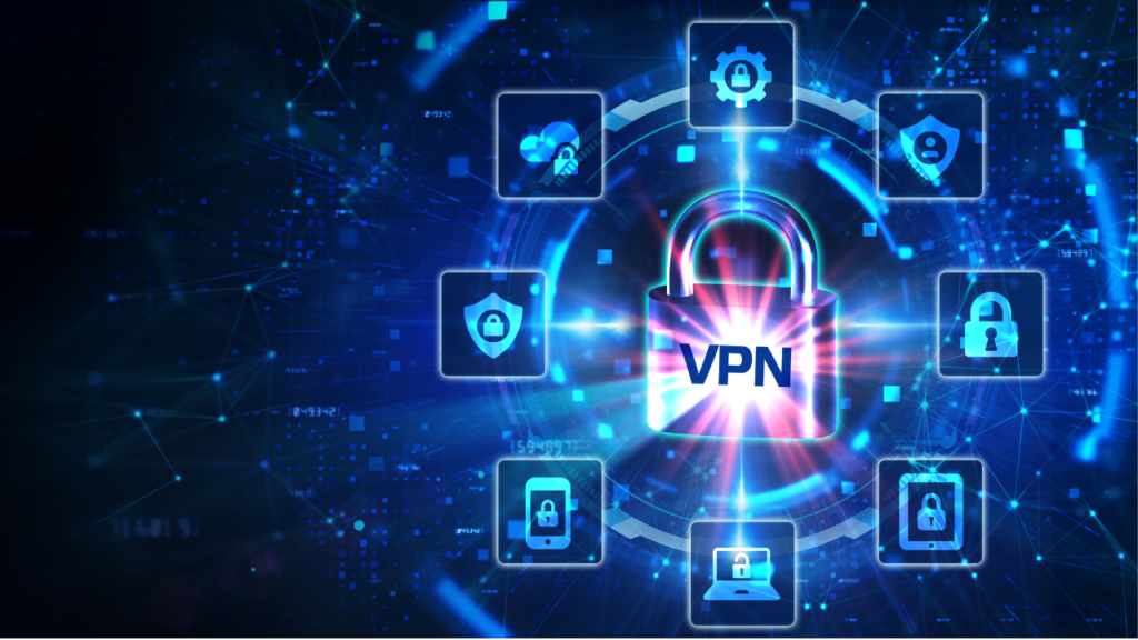 Digital tech icons surround a padlock labeled “VPN”