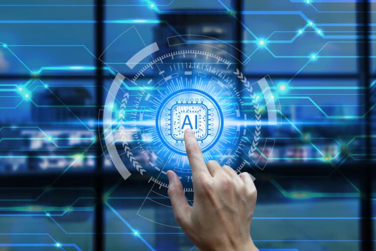 AI-powered cybersecurity systems monitoring digital networks, protecting personal and business data from evolving threats in real-time.
