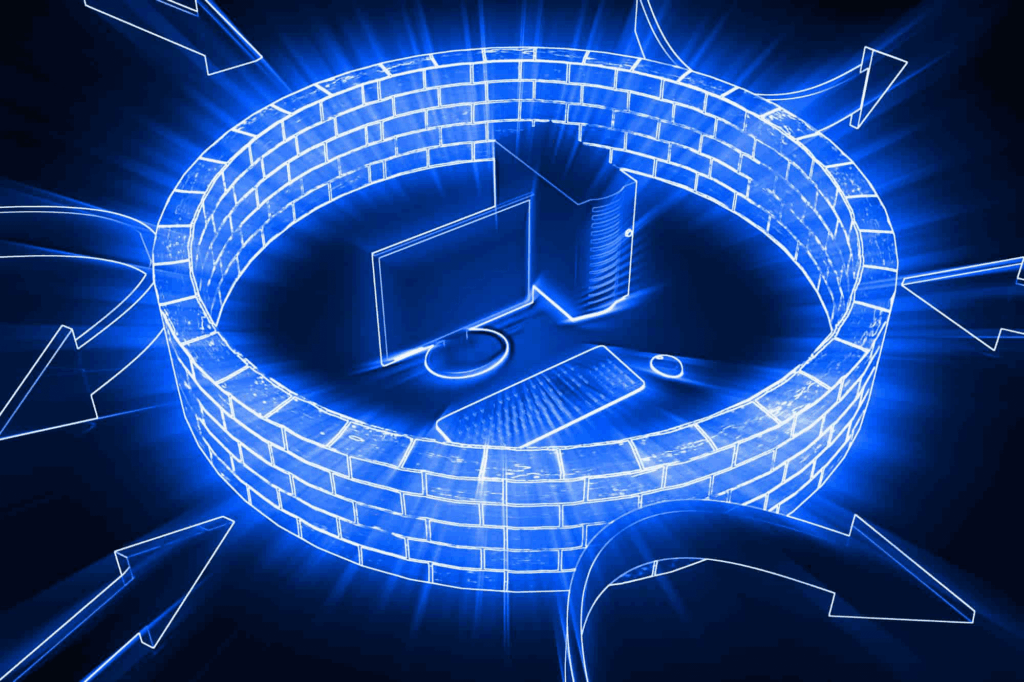 Cybersecurity uses proactive tools like firewalls to defend against cyber threats.