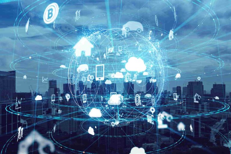 Smart city skyline with digital overlays showing connected IoT devices and urban technology.