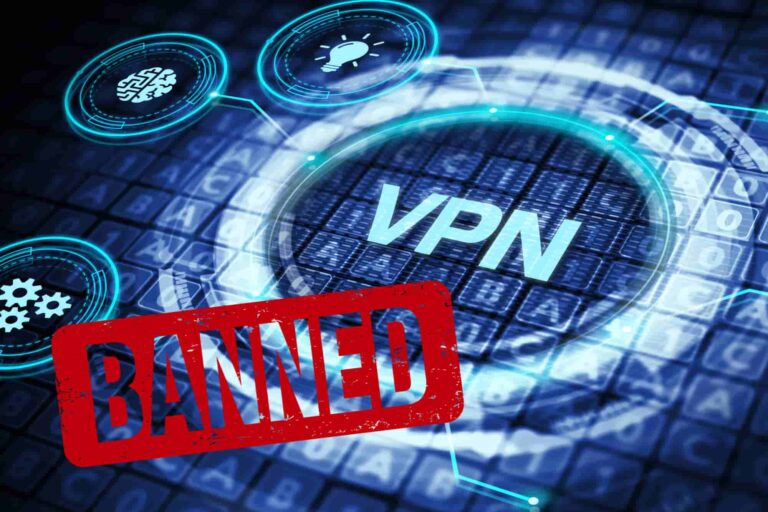 A red "BANNED" stamp is superimposed on a digital image of the word VPN, symbolizing that while VPN use is permitted in most countries, a few have banned them entirely.