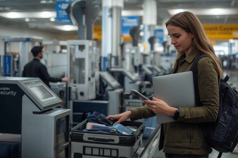 A traveler at an airport security checkpoint holds a laptop while preparing items for screening.