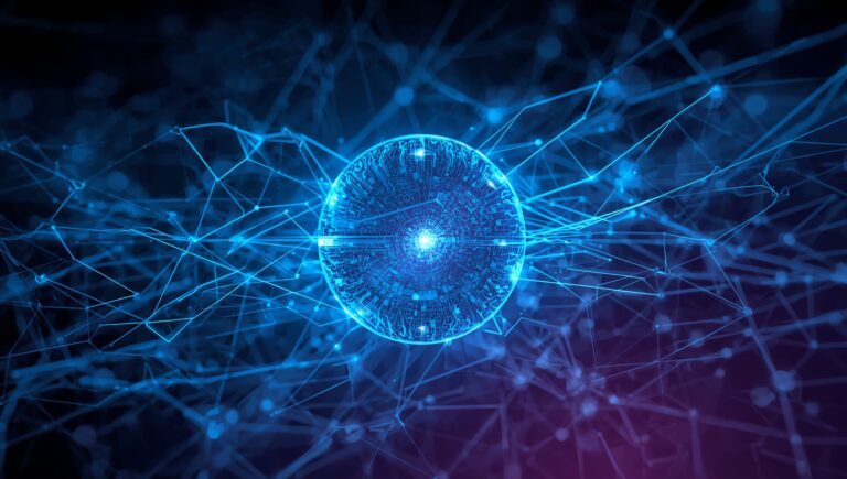 A digital sphere surrounded by glowing blue neural-network lines, representing machine-learning systems detecting and defending against cyber threats.