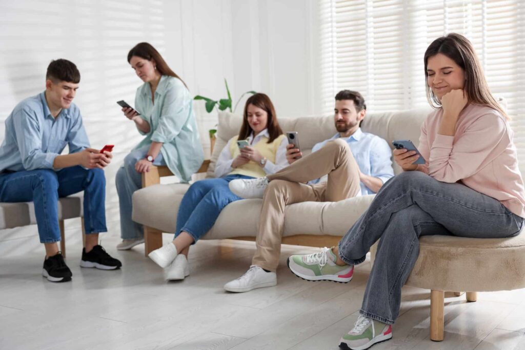 A group of people sits together using multiple devices at once.