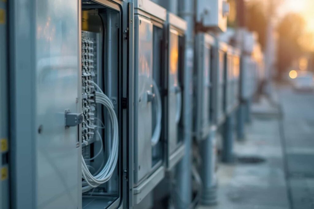 Street-side telecommunications cabinets with visible cabling in an urban setting.