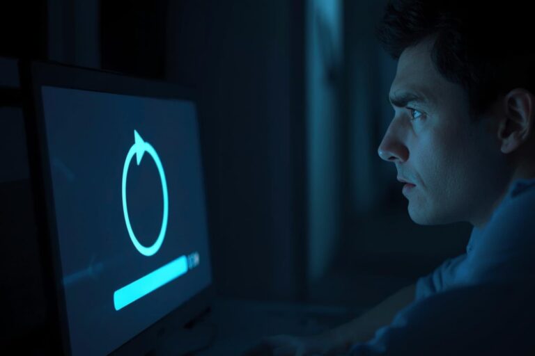 A man looks mildly frustrated while staring at a screen showing a buffering icon.