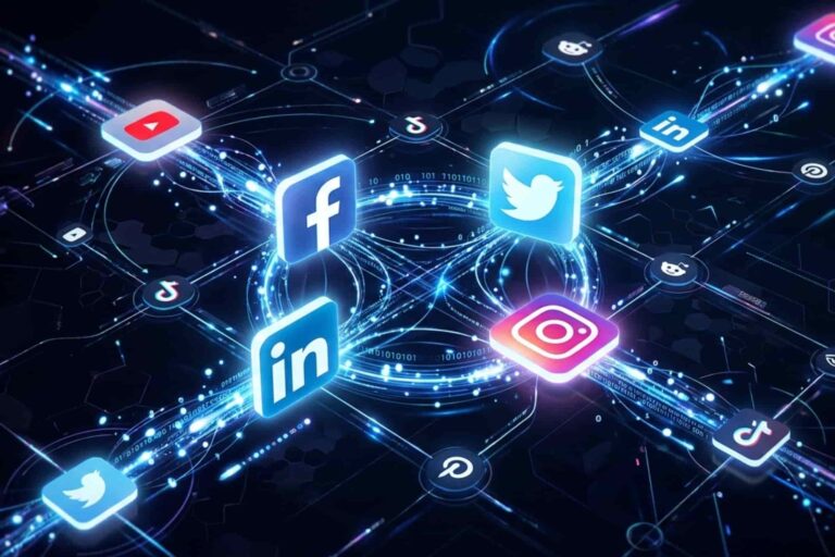 Digital art of glowing social media icons interconnected by vibrant blue and white data streams.