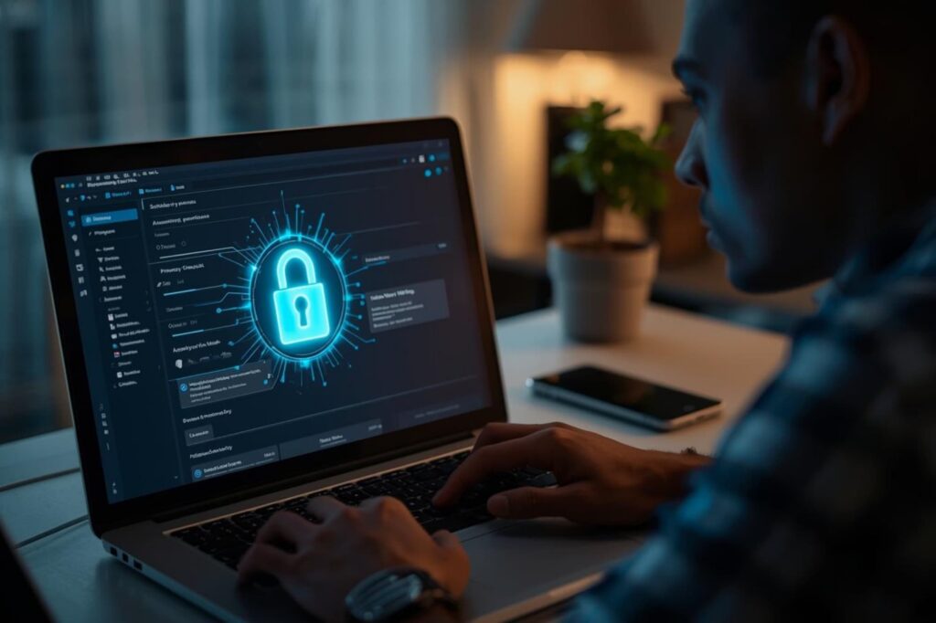 Close-up of a person navigating a privacy dashboard on a laptop, with a stylized digital lock icon centered on the display to represent encrypted security.