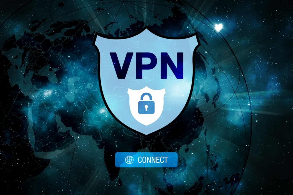 VPN connection screen showing a glowing blue world map background with a large shield labeled “VPN” in the center, a lock icon inside the shield