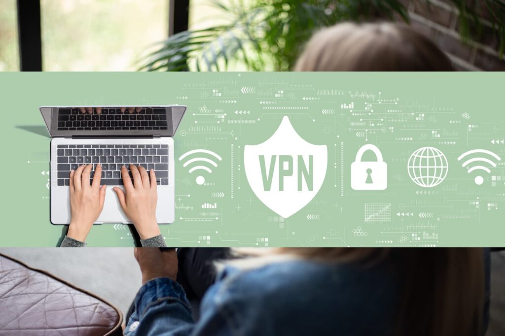 A person using a laptop with a digital overlay showing a VPN shield, a padlock, Wi-Fi symbols, and a globe.