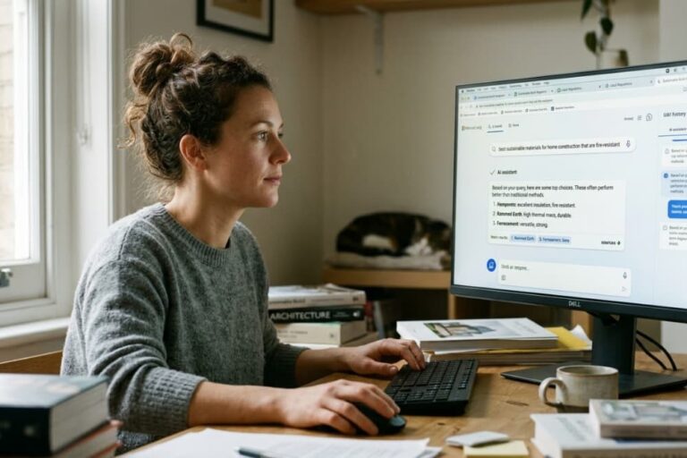 A woman sitting at a desk and using a computer to research sustainable building materials with the help of an AI assistant.