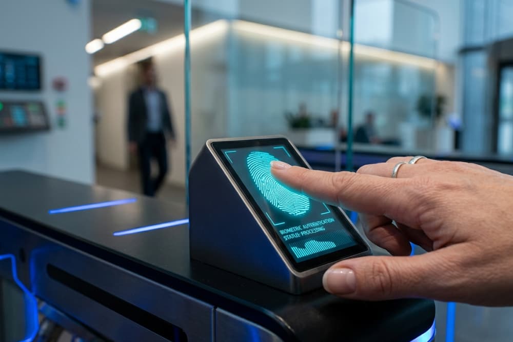 A close-up of a person scanning their fingerprint on a glowing biometric security terminal at an office entrance.