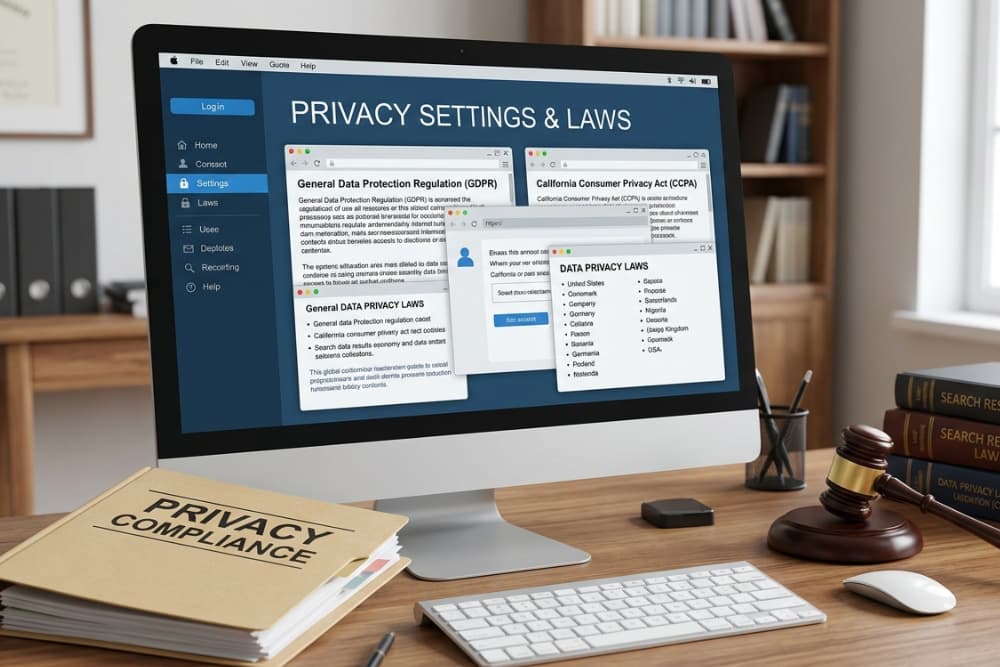 A desktop workspace featuring a computer monitor displaying "Privacy Settings & Laws," surrounded by a legal gavel, a "Privacy Compliance" folder, and law books on a wooden desk.