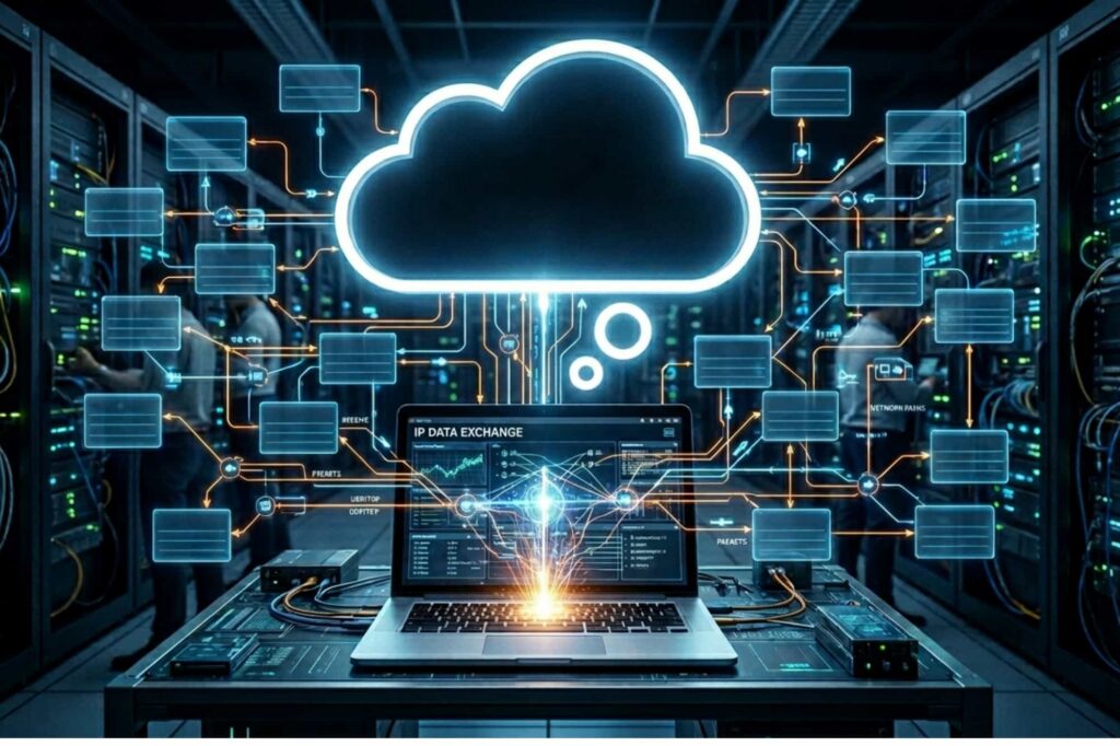 A server room featuring a laptop connected to a glowing neon cloud network, illustrating the concepts of IP address data exchange