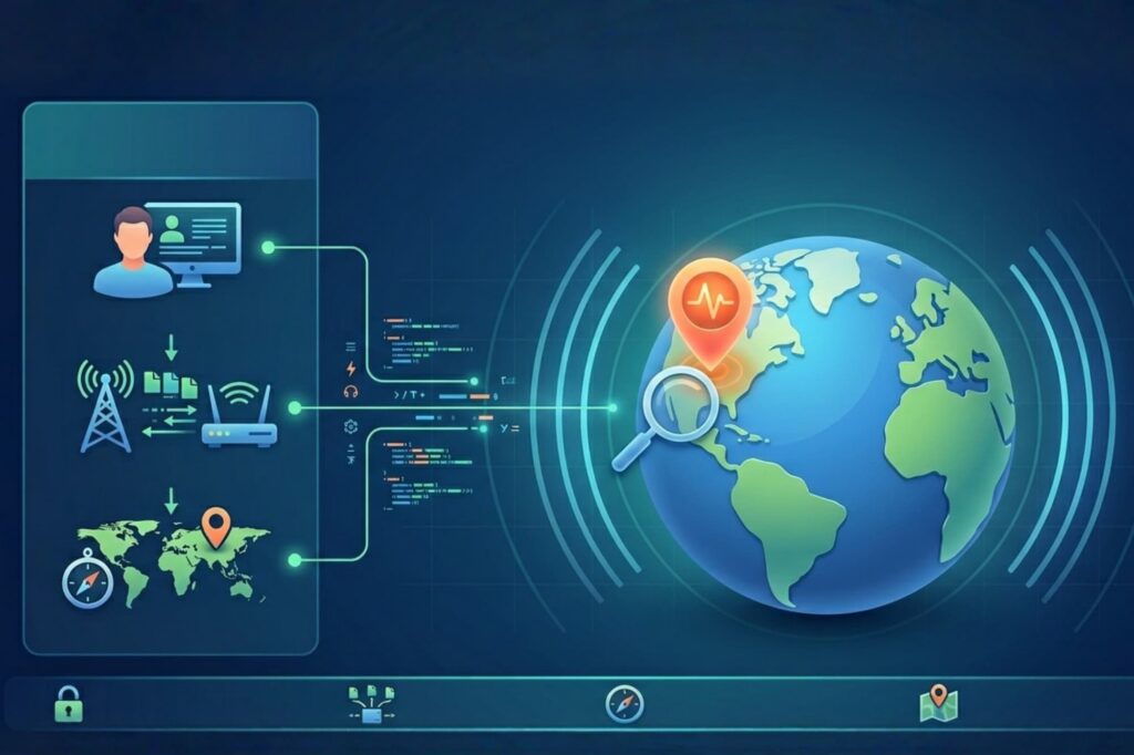 An image showing the process of tracking a device's general location to a point on a globe using icons and glowing data streams.