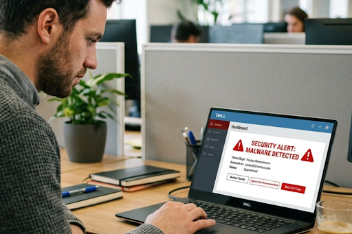 Man reviewing an AI-generated cybersecurity alert on a laptop to identify potential security threats.