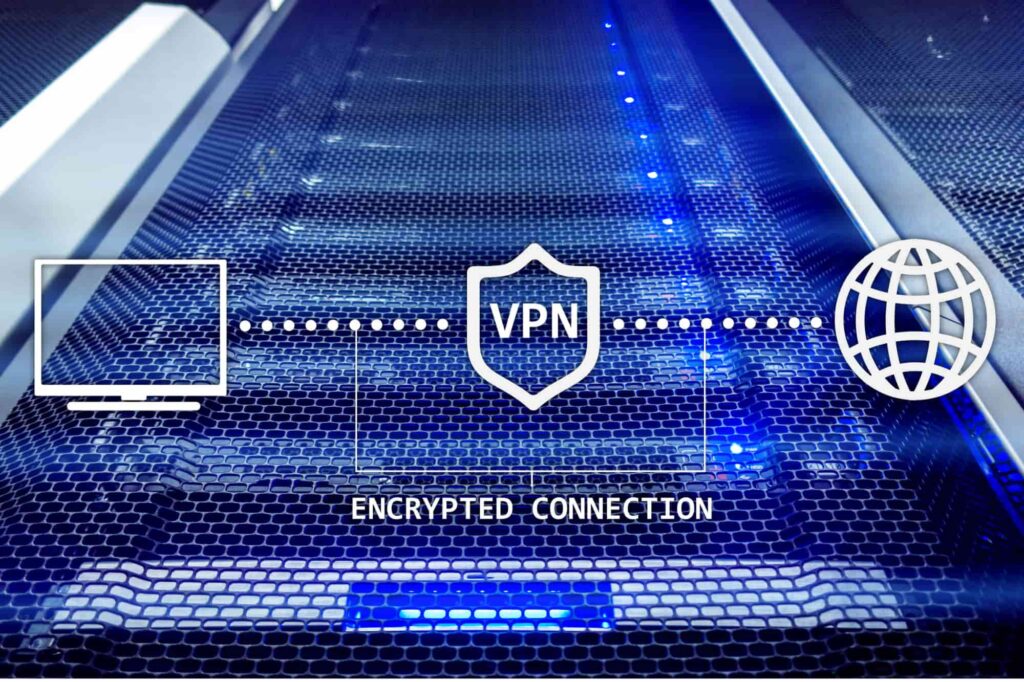Illustration of a VPN creating an encrypted internet connection to protect online privacy.