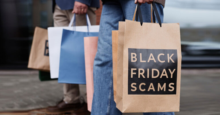 Shoppers Holding Bags That Say, "Black Friday Scams"