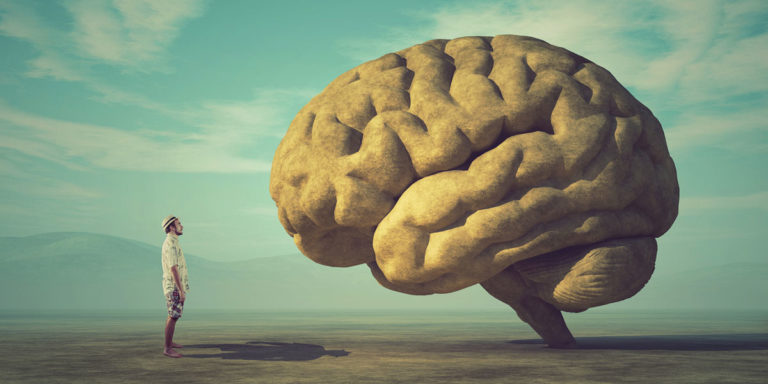 Image of a man standing next to a huge brain
