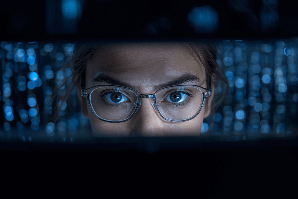 A person with glasses intently analyzing data on multiple screens, symbolizing the role of machine learning and human expertise in advancing cybersecurity.
