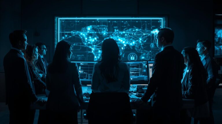 A diverse team of professionals collaborates in a modern workspace, analyzing a digital threat map that symbolizes focused, strategic cybersecurity defense.