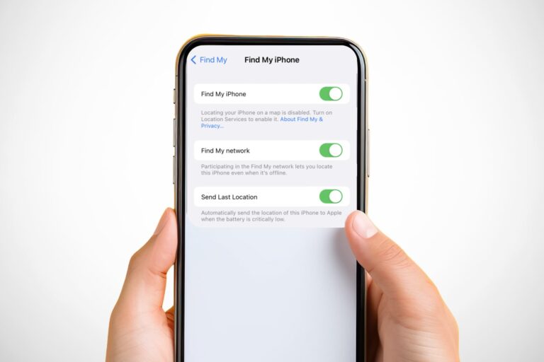 Settings page on an iPhone showing enabled switches for Find My iPhone, Find My Network, and Send Last Location.