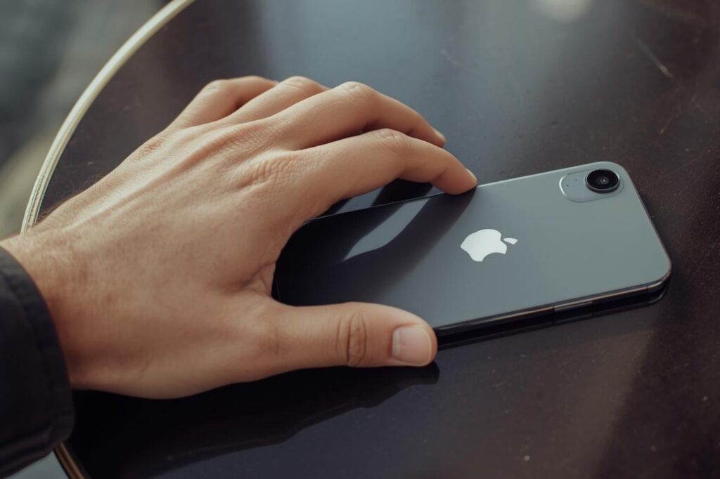 Close-up of a hand swiftly grabbing an iPhone from a café table.