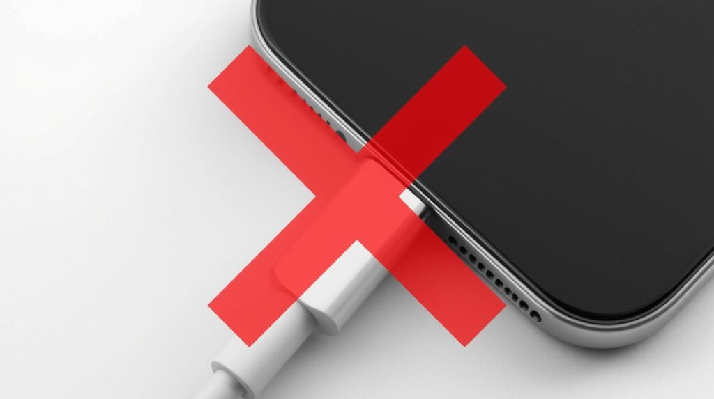 Lightning cable plugging into an iPhone with a red “X,” symbolizing that disconnecting the device doesn’t stop tracking.
