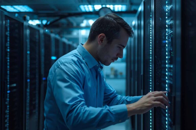 A technician working inside a data-center surrounded by servers and network cables, representing the importance of IP address management.