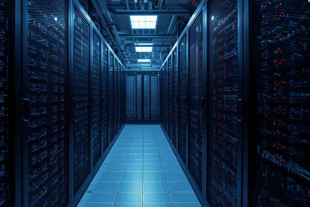 Rows of data-center server racks with dense network cabling, illustrating how unified IP tracking improves network visibility and reduces configuration gaps.