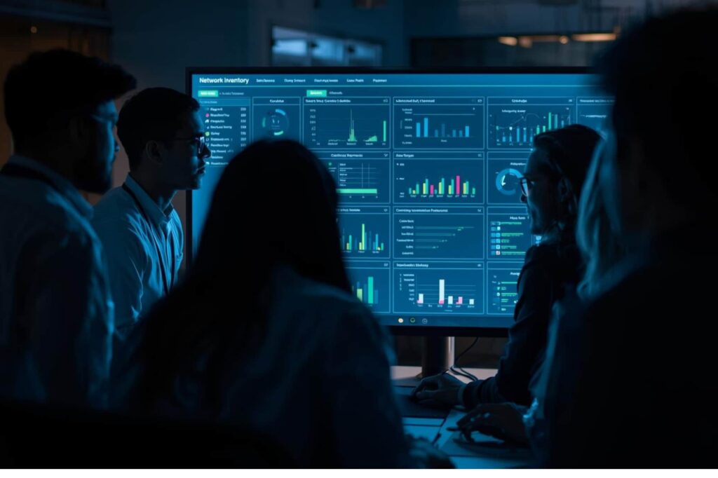 IT staff gathered around a screen displaying a network-inventory dashboard representing the growing need for advanced, scalable IP address management as networks expand.