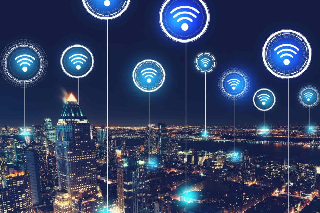 Aerial view of a cityscape highlighting areas with free Wi-Fi coverage