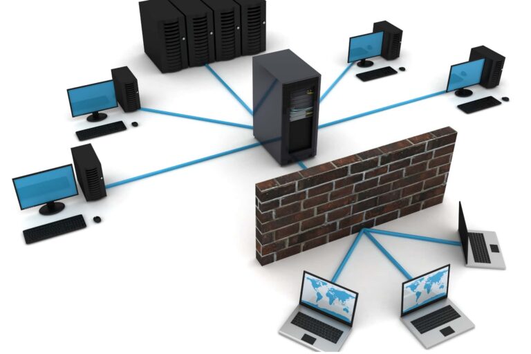 Computer network security graphic depicting IP whitelisting, with trusted devices granted access and unknown IP addresses blocked.