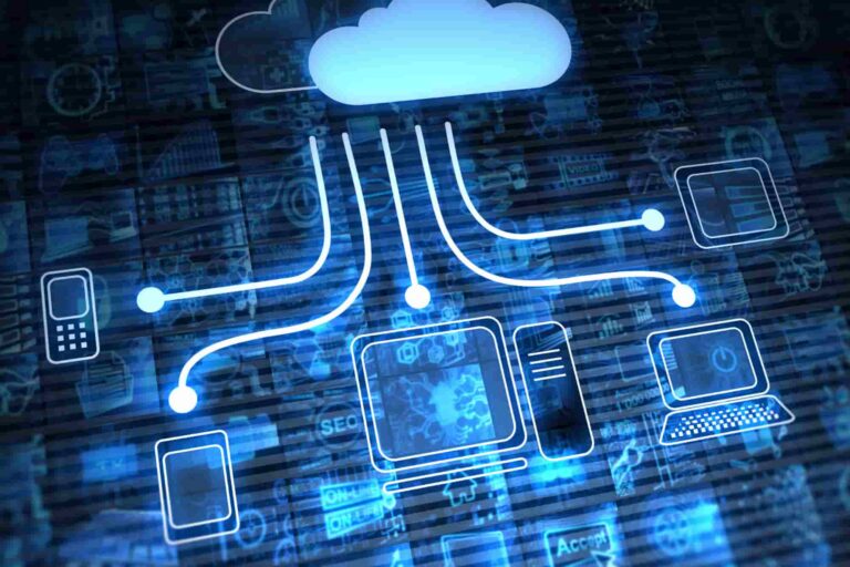 Cloud computing illustration showing interconnected servers and virtual machines within a cloud network.