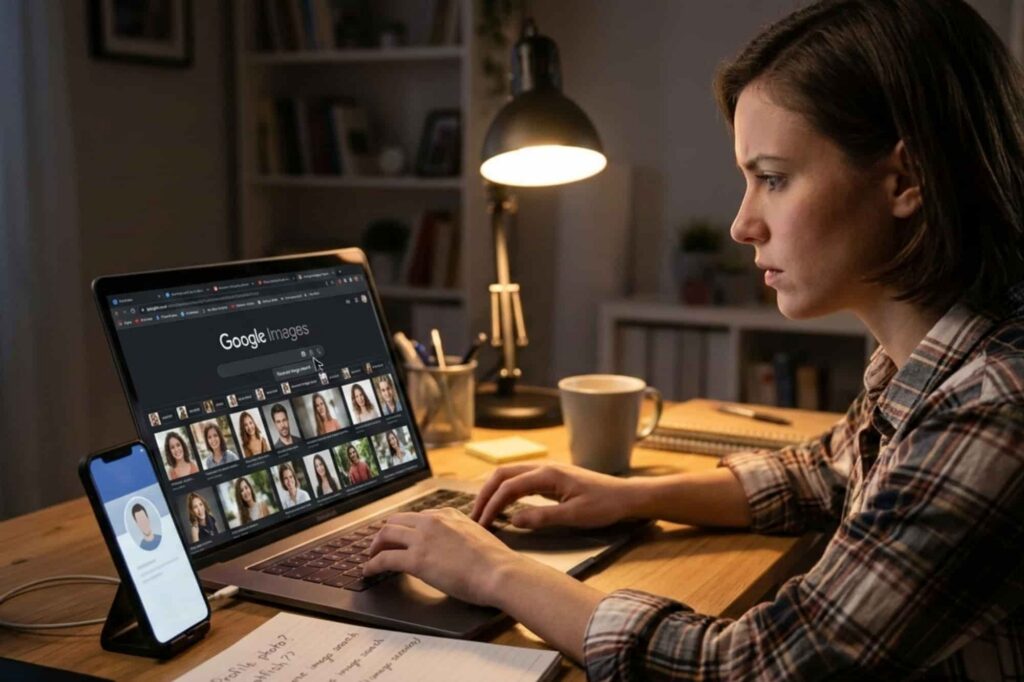 A woman performing a reverse image search on Google Images.