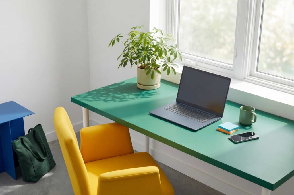 Laptop on a table in a rental space, emphasizing safe use of personal devices and avoiding shared technology for sensitive tasks.