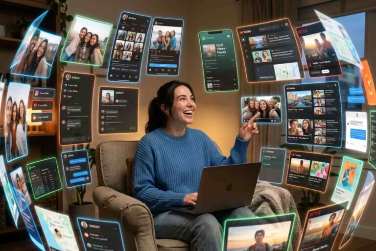 A young woman sits in a cozy room, literally and metaphorically encircled by a vibrant, 360-degree holographic bubble of personalized social media, videos, and apps.