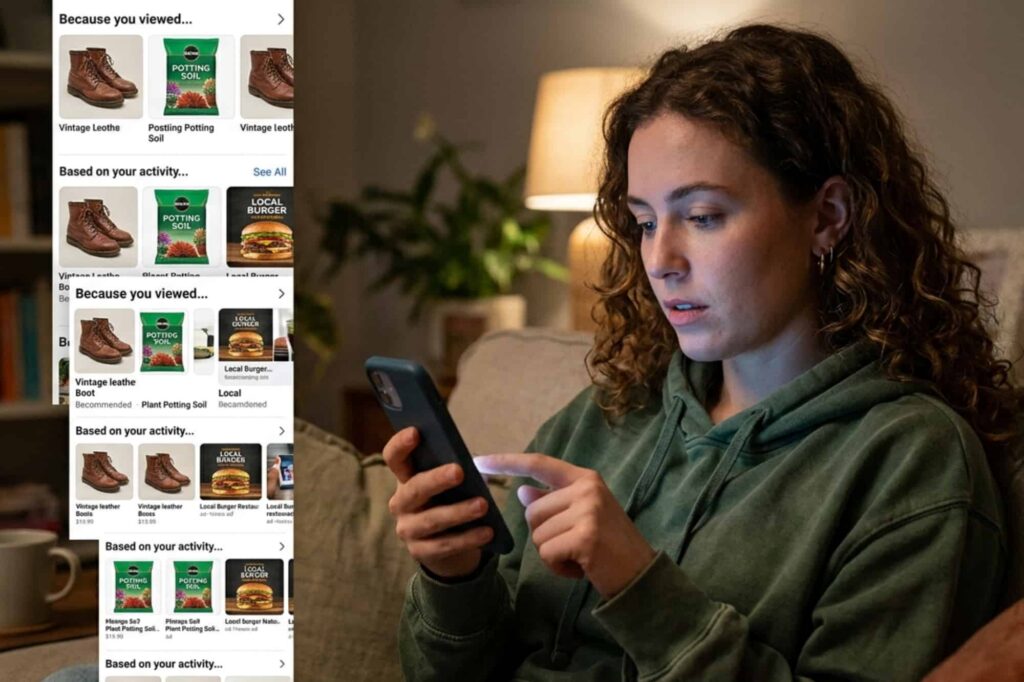 A young woman wearing a green hoodie sits on a couch at home, looking at a smartphone that displays multiple overlapping, repetitive recommended product listings on its screen.