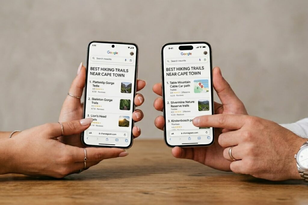 Two pairs of hands hold up smartphones side-by-side, displaying Google search results for "Best Hiking Trails Near Cape Town" with list entries and map views.