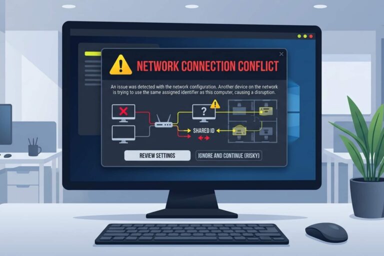 An error message indicating that another device on the network is using the same address, leading to a network disconnect