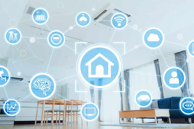 Smart house concept with home automation technology, featuring a modern connected home controlled through smart devices and digital systems.