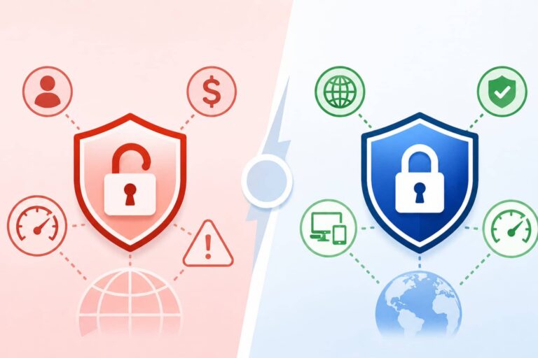 Comparison graphic showing “Free VPN vs Paid VPN,” with simple icons representing a free shield with limited protection and ads versus a premium shield with enhanced security, faster speed, and privacy features.