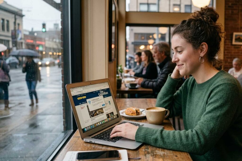 Person sitting in a coffee shop using a laptop, appearing relaxed, while a public Wi-Fi network connection prompt is visible on the screen, suggesting an attempt to connect to an unsecured network.
