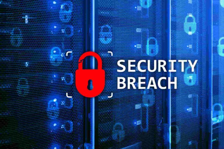 Data breach warning displayed over secure server racks, highlighting the importance of cybersecurity tools and software for protecting sensitive business data.